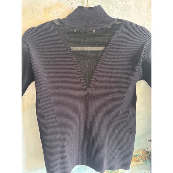 Paola Bernardi Black Ribbed Mock Neck Sheer V Sweater XS - Picture 7 of 9